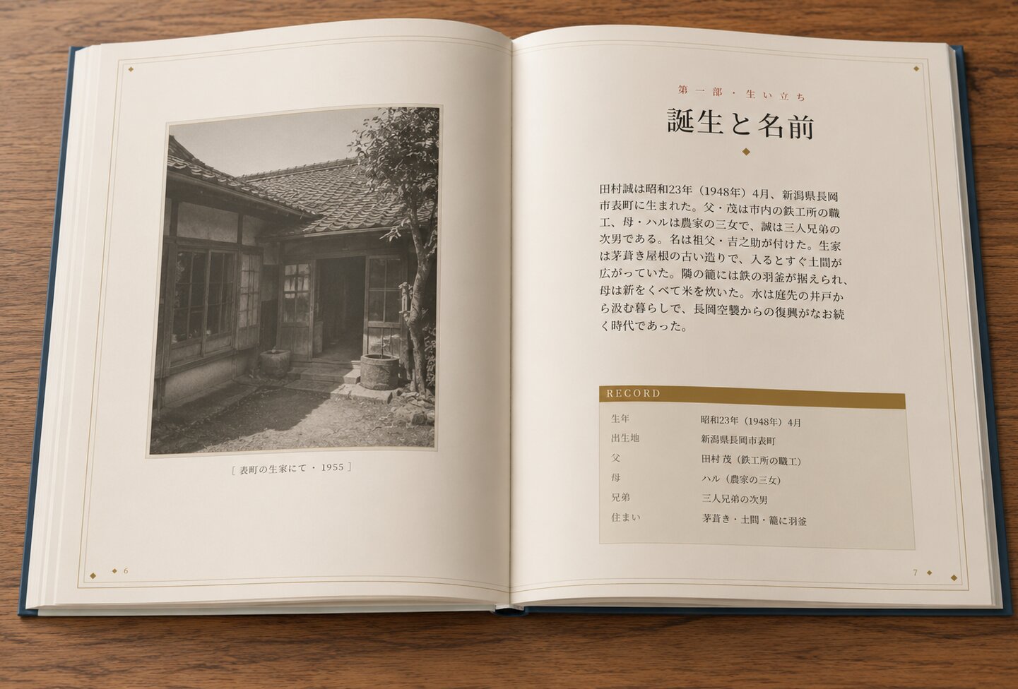 誌面の見本（誕生と名前の見開き）